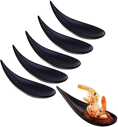 Beautyflier Pack of 6 Melamine Black Tear Drop Appetizer Plates Dessert Tasting Spoons Small Mini Bowls Serving Cup For Sushi Appetizer Japanese Style Dinnerware Set Snack