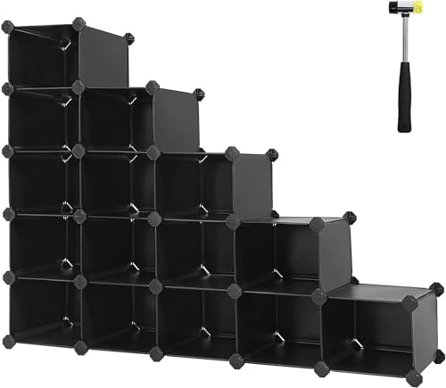 SONGMICS 16-Würfel-Aufbewahrungseinheit, Schuhregal, DIY-Regalsystem, stapelbare Würfel, PP-Kunststoffregal, Kleiderschrank, Schrankteiler, für Schlafzimmer, Büro, 30 x 111,2 x 86,2 cm, Schwarz