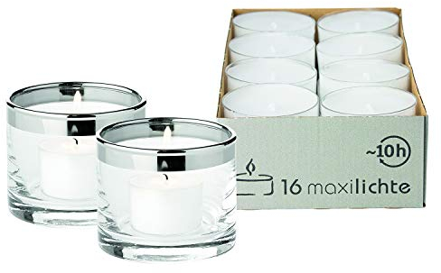 EDZARD 2 portacandele Molly (altezza 6 cm, diametro 7 cm), vetro soffiato a bocca con bordo in platino, più 16 maxi lumini in tazza di acyrl – portacandela in vetro tealight