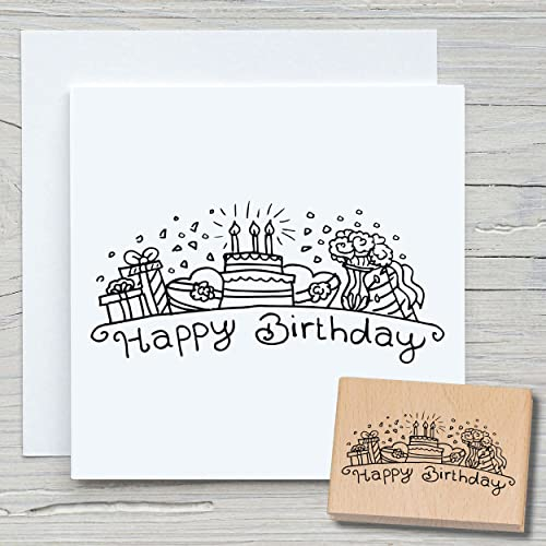 NEWSTAMPS Stempel Happy Birthday 03 Motivstempel groß aus Holz & Gummi zum Karten und Geschenke basteln, Holzstempel für Sprüche, Spruchstempel, Geburtstag, Party, Scrapbook, Textilstempel, Deko