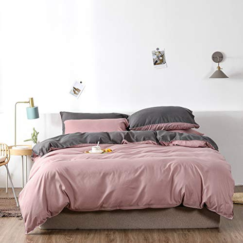 Gezu Sets de Housse de Couette 220x240cm Rose Gris Unie Réversible Parure de Lit en Microfibre avec Fermeture Éclair 2 Personnes avec 2 Taie d'oreiller 65x65cm
