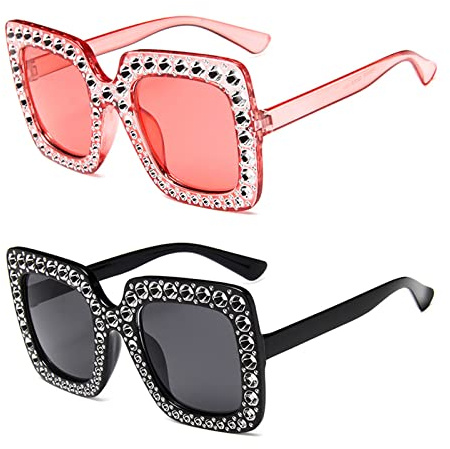 TSHAOUN 2 pièces Lunettes de Soleil pour Lunettes de Soleil carrées surdimensionnées Strass Shades Women,Lunettes de soleil Surdimensionnées pour Femme Monture Composite étincelante (2 Pack) (2 Pack)