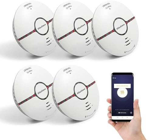 Rauchmelder Wi-Fi mit austauschbarer Batterie & Stummschalt-Taste, Smarter Feuermelder, Auto-Selbstüberprüfungsfunktion, entspricht EN 14604 Standard(5 Pack)