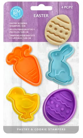 R&M Easter Cookie Cutter 2 Cookie, Pastry, and Fondant Stampers, Carrot, Bunny, Chick and Egg, 4-Piece Set