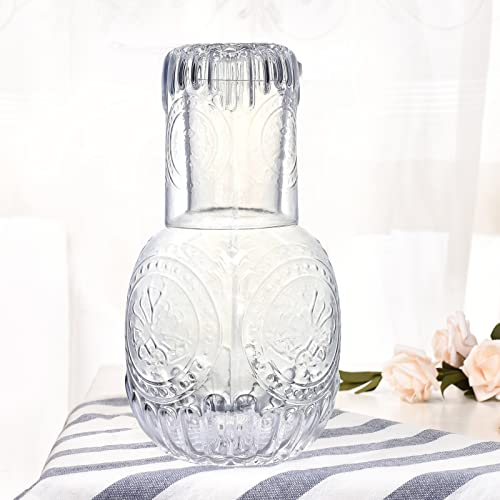 Vintage Nachttisch-Wasserkaraffe und Glas-Set, LIUCONGBD Nachttisch-Wasserkaraffe mit Becherglas, klare Mundspül-Karaffe für das Badezimmer, Wasserkrug und Tasse Nacht-Set
