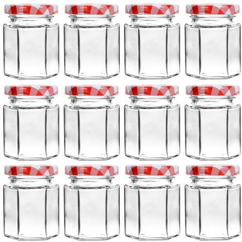 Yishik 4oz Jam Jars with Red Gingham Lids,12 Pack Hexagon Jars Glass Canning Jars for Sauce,Small Glass Jars for Jam,Spice,Honey,Baby Foods,Party Favors or Art Crafts