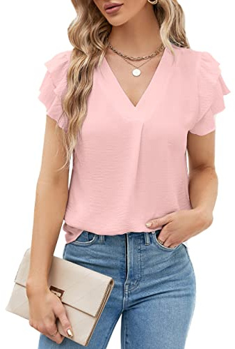 Blooming Jelly Womens Dressy Casual Shirts Short Sleeve V Neck Work Blouse Business Casual Summer Tops 2026(X-S, Light Pink)