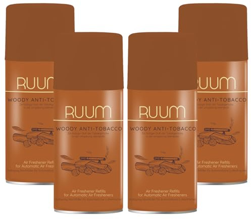 RUUM Lufterfrischer Nachfüller 4er Pack Woody Anti-Tobacco - Duft Nachfüller kompatibel mit Air Wick Freshmatic, Glade Brise - 4x 250 ml Duftspray für Geruchsneutralisierung & Frische