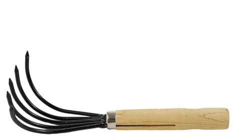HUIOP Herramienta de jardín Rastrillo cultivador de Mano de 5 Garras con Mango Corto de Madera, Herramienta de rastrillo de Mano de jardín a Prueba de Curvas, Ideal para aflojar o desmalezar el Suelo