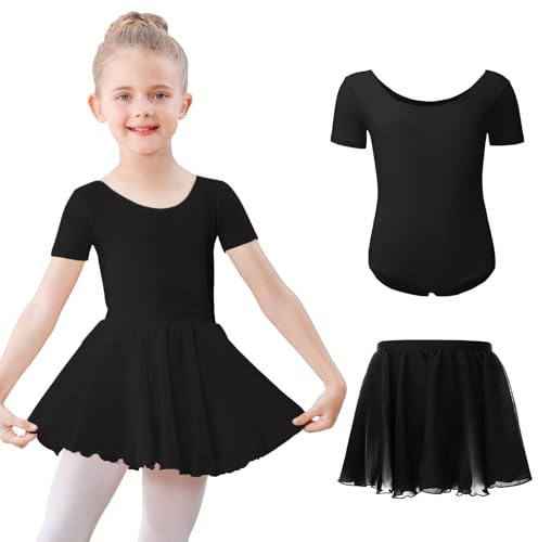 Ballettkleidung Mädchen Kurzarm Ballettkleid Baumwolle Balletttrikot Kinder Ballettanzug Ballettbody mit Chiffon Rock Tütü 3-11Jahre Schwarz 150