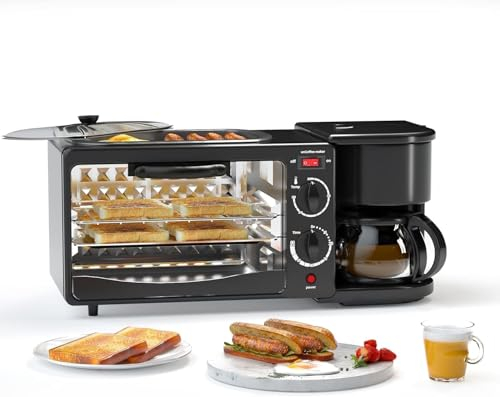 Frühstücksmaschine, Toaster mit Kaffeemaschine, Tragbarer Ofen-Brot Frühstücksmaschine mit Timer, Toaster Ofen mit Bratpfanne für Eierspeck Sandwich (GT1)
