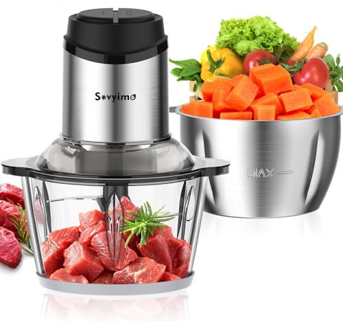 Sovyime Zerkleinerer Küche Elektrisch, Multizerkleinerer Elektrisch mit 2L Glasbehälter& 2L Edelstahlschüssel,2 Sätze Edelstahlklingen, e Chopper Fleischkutter Mixer Grinder für Fleisch Zwiebel Gemüse