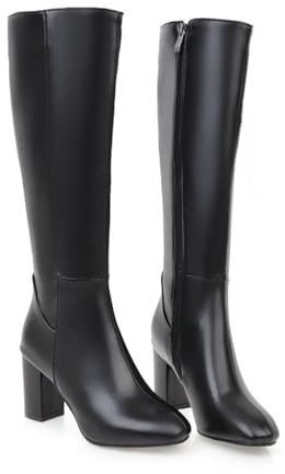 ZZQCCHL Bottes Longues à Fermeture éclair latérale pour Femmes Automne/Hiver Cuir Verni Talon Bloc Bottes mi-Mollet Extensibles Bottes à Talons Hauts,Noir,40 EU