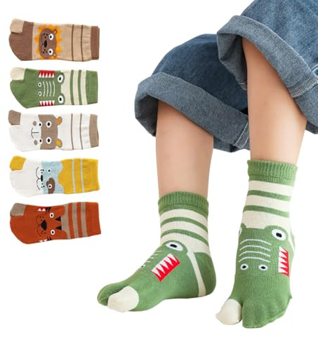 Chenflying Lot de 5 paires de chaussettes en coton pour enfants avec deux gros orteils, motif animaux de dessin animé, chaussettes pour garçons et filles de 3 à 12 ans, multicolore, 7-12 ans