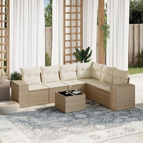 Xichuzi 7-TLG. Garten-Sofagarnitur mit Kissen Beige Poly Rattan, Lounge Gartenmöbel Set, Möbelsets, Balkon Möbel, Gartenlounge, Gartensofa - 3254955