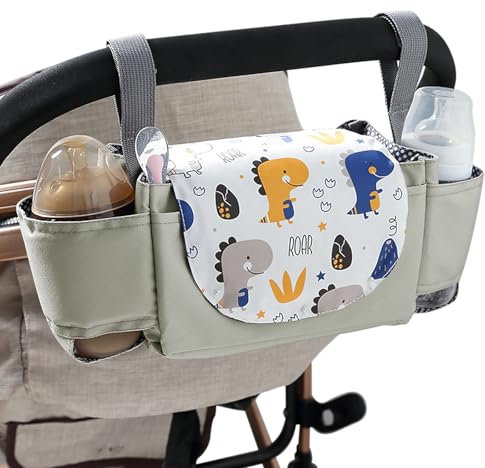 Dzmuero Lässig Kinderwagen Organizer, Wickeltasche Kinderwagen, Buggy Organizer, Dinosaurier Muster Kinderwagentasche mit Lsolierten Getränkehalter, für Autositzen, Kinderbetten