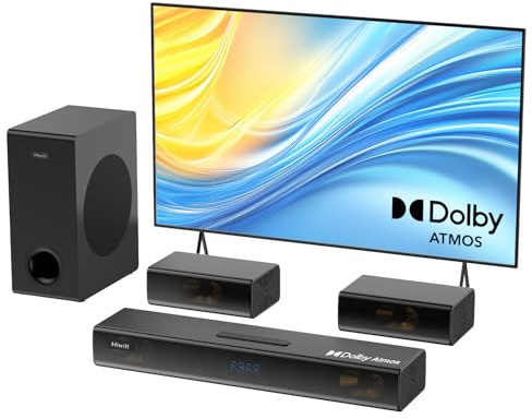 Hiwill A41 Pro Sound Bar per TV con Dolby Atmos, Subwoofer cablato, 320W, 2 altoparlanti surround anteriori, Soundbar per altoparlante TV, bassi e alti regolabili, Sistema audio 3D Home Cinema