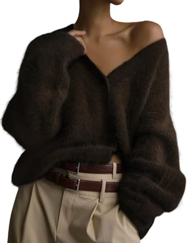 Yimoon Womens Fuzzy Cardigan Sweater V Neck Long Sleeve Button Down Slouchy Furry Knit Sweaters 2025(Brown-XL)