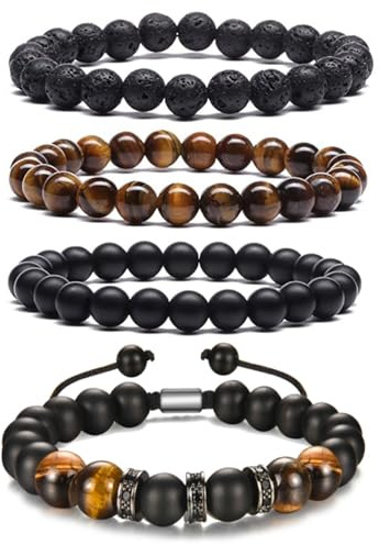 JSTHHTT Pulsera de Cuentas 6/8mm con Piedras Naturales Ojo de Tigre, Ajustable para Hombre, Regalos para Padre y Novio (4PCS)