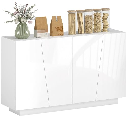HOMCOM Buffet à Haute Brillance, Meuble de Rangement avec Placard Double Porte géométrique et étagère réglable, Style Moderne, Buffet Salle à Manger, Cuisine et Salon, 70 x 40 x 88 cm, Blanc