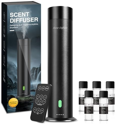 Waterless Scent Diffuser Starter Kit - 1000 Sq Ft Coverage, Hotel Scent Diffuser, Essential Oil Diffuser Large Room, Included 5 Scent Oils, Remote Control, Black, 11.30In