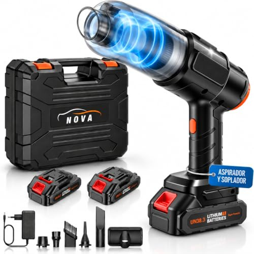 Nova - Aspirador Coche Potente - Soplador de Aire Potente y Aspirador de Mano con 19000PA 7 en 1 - Aspiradora Portatil de Motor sin Escobillas con Maletin para Oficina, Coche y Hogar.