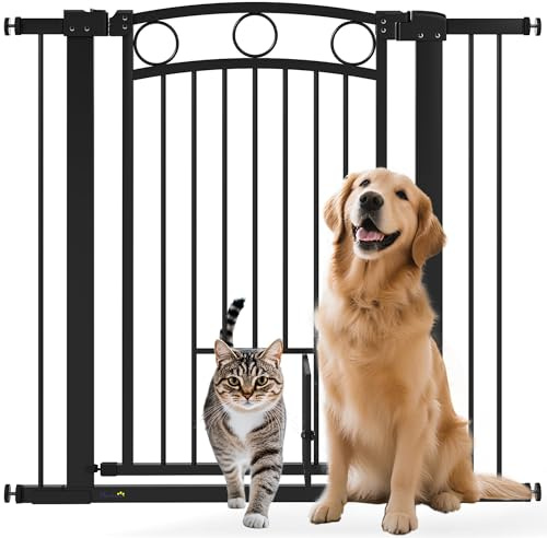 PawHut Griglia di protezione per porta cane, 76 – 104 cm, senza foratura, griglia per scale in acciaio, con porta per gatti, griglia di sicurezza per scale, porte, corridoi, colore nero