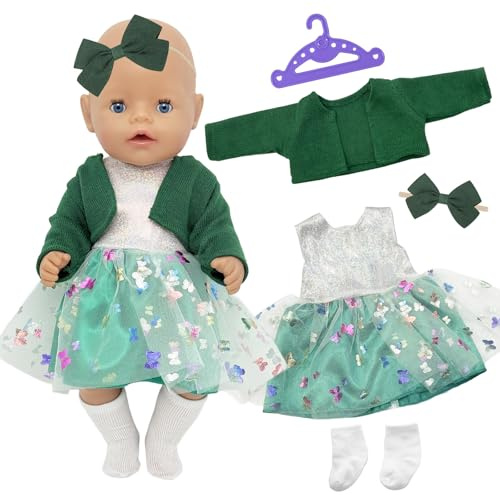 35-45 cm Baby Puppen Kleidung Gazekleid Set, 4 Stück Grünes Puppenkleidung mit Grünem Mantel, Tüllrock, Haarband und Socken, , Süßes Puppenzubehör Geschenk für 14-18 Zoll New Born Dolls