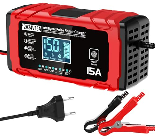 TEKXDD 15A Cargador Baterias Coche, 12V 24V Cargador de Bateria y Moto Inteligente Batería de Coche con LCD Cargadors de batería para Auto Moto Camión AGM Gel SLA