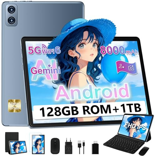 2026 Tablet 10 Pollici Android, 22GB RAM+128GB ROM/TF 1TB, Gemini AI, 8-core 2.0GHz, 8000mAh, UFS 2.1 Flash, 5G WiFi 6, BT 5.0, Corpo in Metallo, 8+5MP, Widevine L1, Con Tastiera e Mouse, Grigio