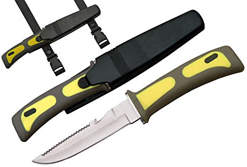 SZCO Supplies 9-Inch Dive Knife with Stainless Steel Blade, Sawtooth Spine, Rubberized Grip, Bright Yellow Handle, Hard-Sheath & Leg Strap for Diving, Snorkeling, and Outdoor Adventures
