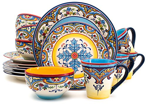 Euro Ceramica Zanzibar Collection 16 Piece Dinnerware Set Kitchen and Dining, Service for 4, Spanish Floral Design, Multicolor, Blue and Yellow