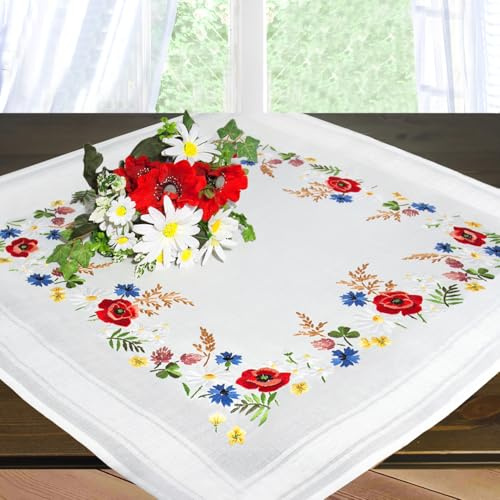 Kamaca Explosion de Fleurs Paradis avec charmant Coquelicots et bleuets – Nappe 85 x 85 cm avec aufwendiger ourlet bord – Au point de tige point lancé – Fil à broder 100% coton – Excellente qualité – à utilisation immédiat