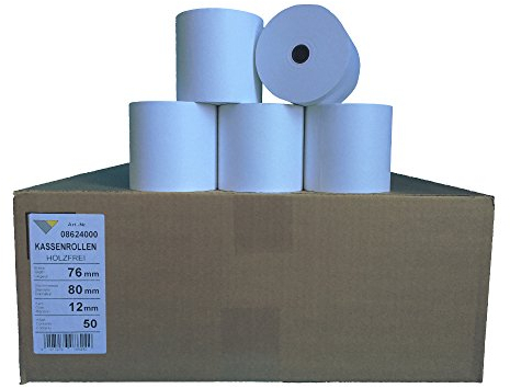 Veit GmbH Kassenrollen 50 Stck. Normalpapier 76mm x 60m x 12mm [ØRolle 80mm] Drucker schonend 60g/m² Premium Weißegrad Made in Germany