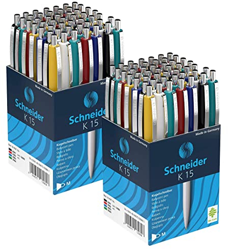 50 Schneider Kugelschreiber K15/Schreibfarbe blau/Gehäusefarbe farbsortiert (2x 50 Stück)