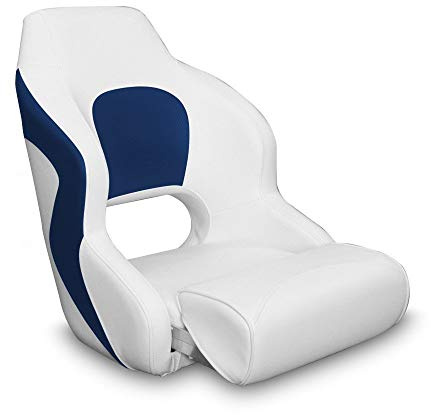 MiDMarine Captain's Bucket Flip-Up Bolster Seat - White/Blue Style. Lumbar & Shoulder Support.