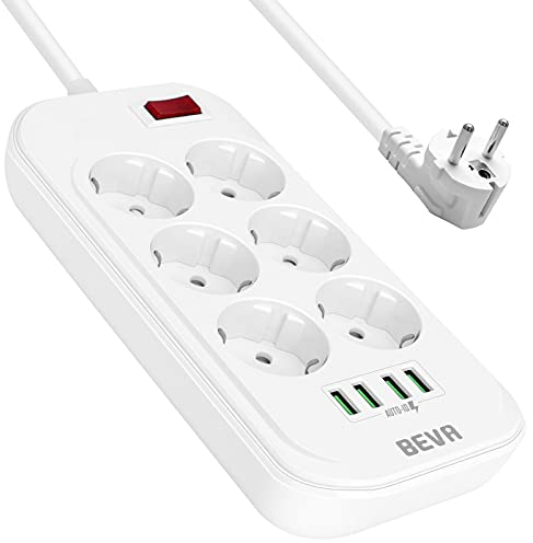 BEVA Regleta Enchufe con USB, Enchufes Multiple de 6 Tomas Corrientes y 4 USB Tomas, Enchufe Plano con Protección Sobrecargas y Interruptores, Ladron Enchufes con Cable de 2M, 2500W/10A Blanco