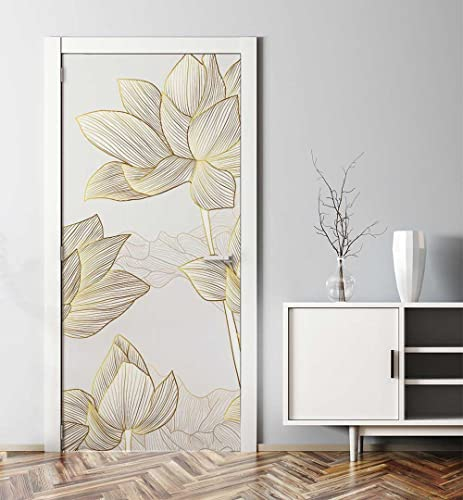 MyMaxxi - Tür bekleben mit Türtapete Türposter Türfolie Selbstklebend 90x200 Abstrakt gezeichnete Blumen Gold weiß - Tür verschönern Türaufkleber Türklebefolie Blüte Rose
