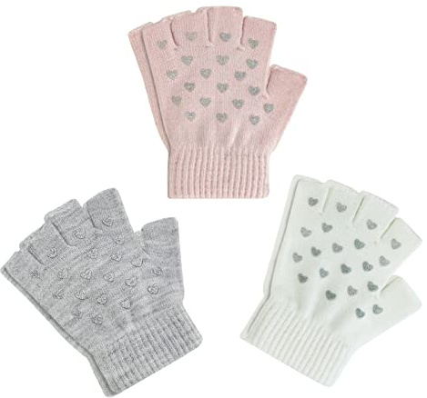 Evridwear Kids Fingerless Winter Warm Gloves,3 Pairs Half Finger Knitted Magic Stretch Gripper Touchscreen Glove for Boys Girls(Heart Printing)