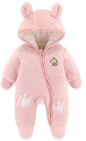 JiAmy Newborn Baby Winter Hooded Romper, Cartoon Zipper Footie Fleece Snowsuit Jumpsuit Outfits Pink 6-9 Months