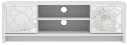 Galano Iris TV Stand – 2 Acrylic Mirror Door Entertainment Unit for TVs up to 60, Modern Storage Cabinet with Shelves – White
