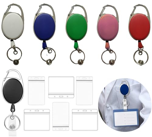 12 Piezas Llavero Retráctil Set, Mosquetón de Carrete con Porta Tarjetas, Llaveros Retráctiles para Tarjeta de Identificación Llavero de Oficina, Autobús