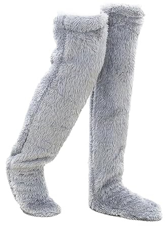 VidFair Sock Slippers Over Knee High Fuzzy Long Socks Plush Slipper Stockings Leg Warmers Winter Home Sleeping Socks-One Size Grey