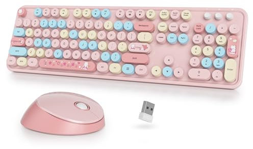 SbocKeeb Cute Teclado y Ratón Inalámbrico, Vistosa de Máquina de Escribir Teclado Retro con Teclas Redondas,2.4GHz Fullsize,Americano QWERTY