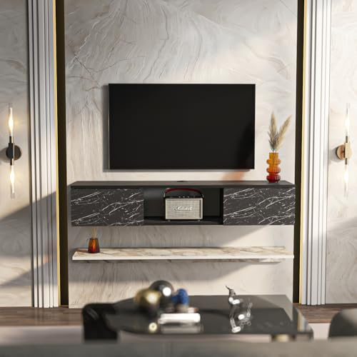 DECOROTIKA Meuble TV Flottant, Bois d'ingénierie, Effet marbre Blanc et Noir, Height: 25,6 cm | Width: 140 cm | Depth: 32 cm