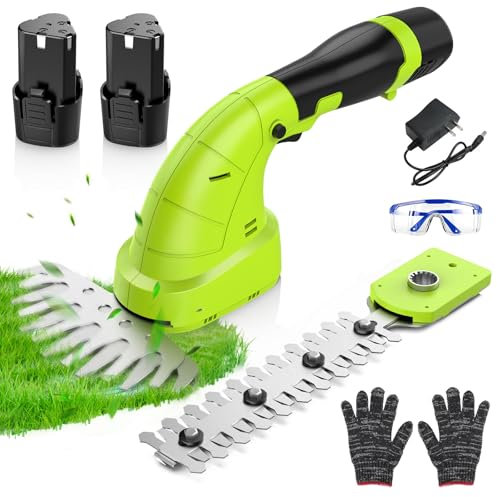 12V Heckenschere Akku 2-in-1 Elektrisch Strauchschere Grasschere mit 2 Stück 1500mAh Akku und Ladegerät Gartenschere Elektrische Rasenschere mit 2 Messerlänge Schnittbreite Rasenkantenschneider