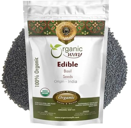 Organic Way Edible Basil Seeds | Organic & Kosher Certified | Sabja Seeds Rich in Fibers | Raw, Vegan, Non GMO & Gluten Free | USDA Certified | Origin - India (4 Ounce Pack)
