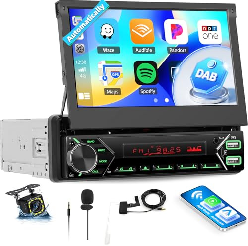 DAB+ 1 Din Bluetooth-bilradio med trådlös CarPlay & Android-bil, 7-tums pekskärm med motoriserad pop-up-skärm, spegellänk/FM/USB typ-C/AUX, backkamera