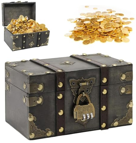 Zyiphor Coffres au Trésor en Bois 18x11x10 cm Coffret Pirate Enfant avec Serrure à Combinaison Vintage Boîte à Bijoux & Tirelire pour Anniversaire, Stockage Décoration
