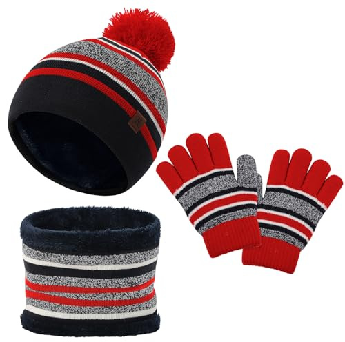 LACOFIA Ensemble Bonnet Écharpe et Gants pour Enfant Chapeaux Tricoté Pompon Tour de Cou à Doublure Polaire Chaude pour Garçons Filles 2-7 Ans Rouge
